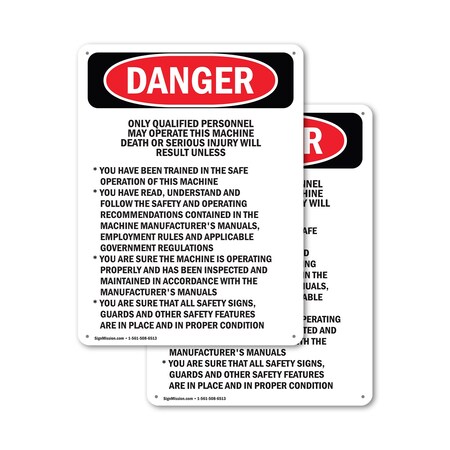 Signmission Qualified Personnel Operate This Machine Danger Sign, Aluminum, 18in W x 24in L, 2PK OS-2PACK-DS-A-1824-L-1869
